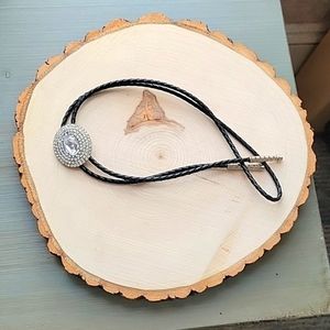 Rhinestone Black Braided Cord Bolo Tie Necklace